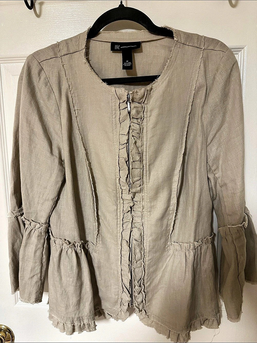 INC International Concepts Linen Ruffle Blouse in Beige Size Medium